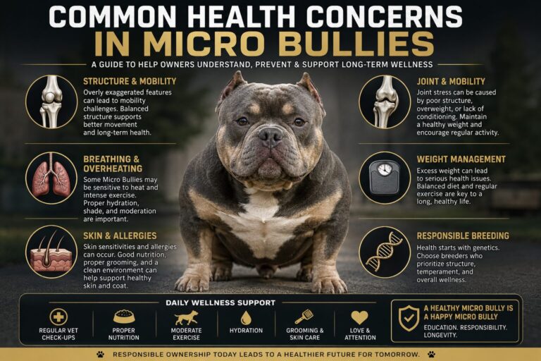 Common health concerns in Micro Bullies infographic featuring structure mobility breathing skin health and wellness