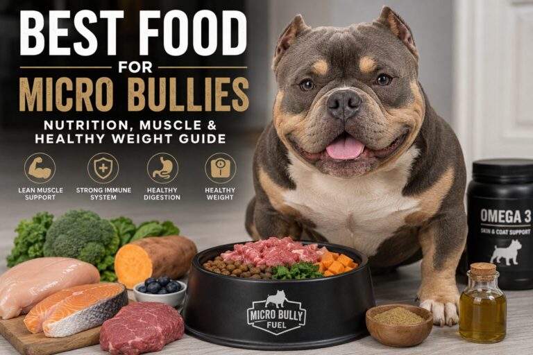 Micro Bully dog beside healthy food ingredients for nutrition and muscle development