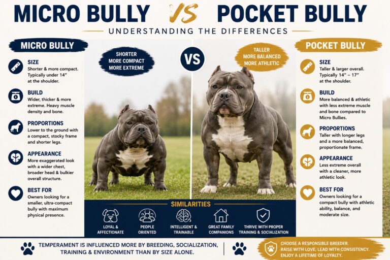 Micro Bully vs Pocket Bully comparison chart showing size and structure differences