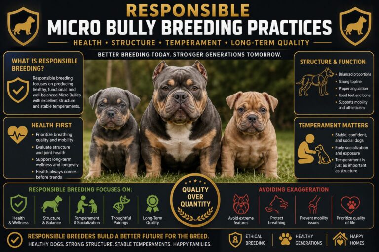 Responsible Micro Bully breeding practices infographic showing health structure temperament and ethical breeding