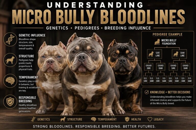 Micro Bully bloodlines infographic showing pedigrees genetics and breeding influence