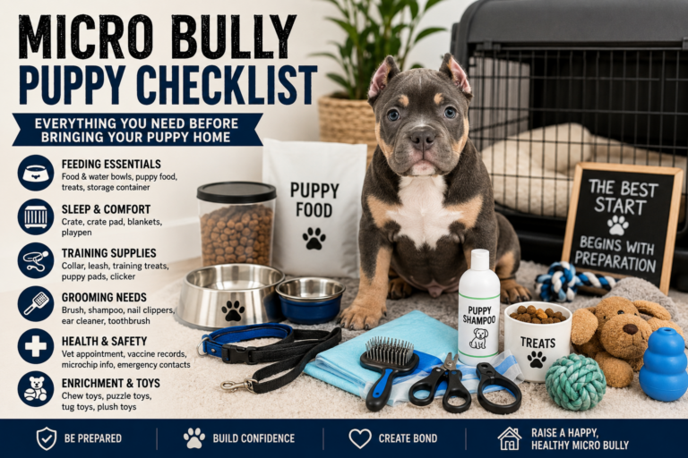 Micro Bully puppy sitting beside essential puppy supplies including food bowls, crate, toys, leash, and training equipment.